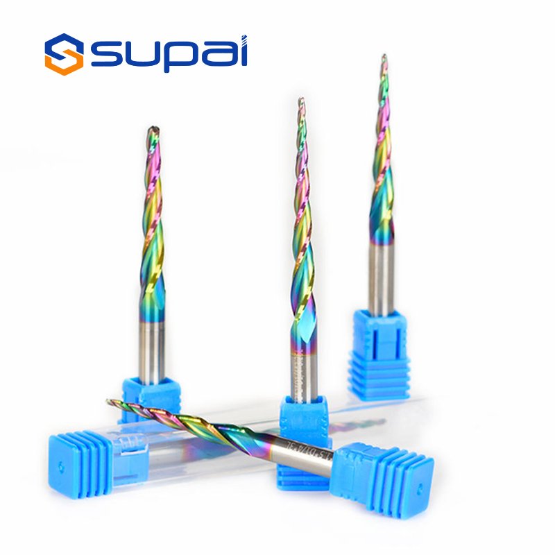 SUPAL 2/3/4 Flutes CNC Carbide Spherical Taper End Mill Conical Ball Nose Bit Tool Router Bits for Carving Wood Cutter Milling