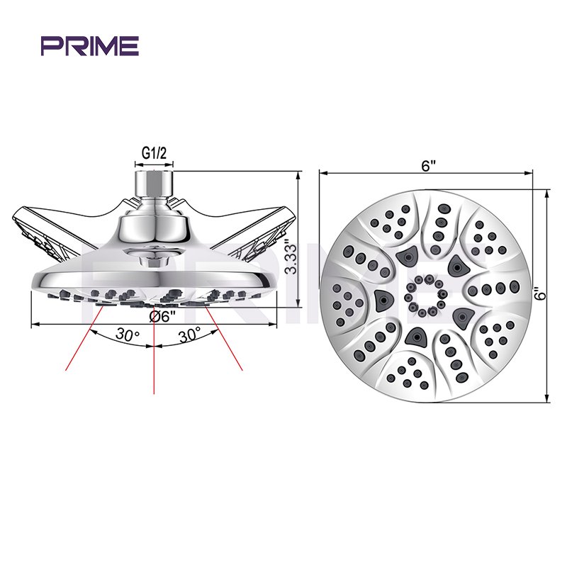 Miroir De Douche High Pressure 6" 150mm 5 Functions Rainfall Xiamen Shower Head, 5.1 Inches with Brass Ball Joint Ready to Ship