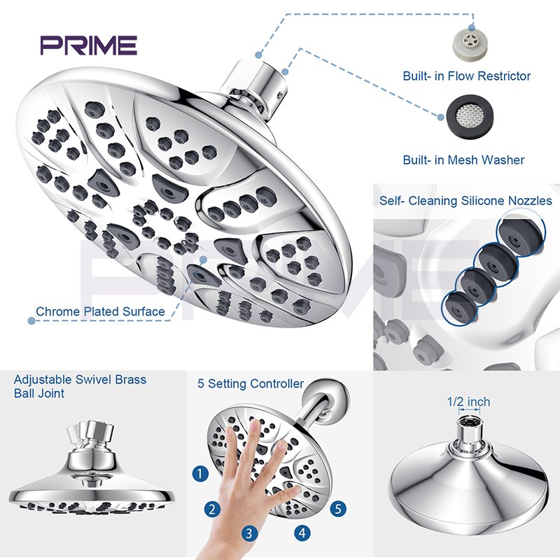 Miroir De Douche High Pressure 6" 150mm 5 Functions Rainfall Xiamen Shower Head, 5.1 Inches with Brass Ball Joint Ready to Ship