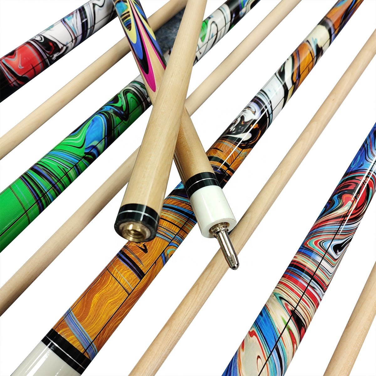 Wholesale Price Maple Wood Billiard Pool 1/2-PC Cue 57" Length 13mm Tip Colorful Design on Sale