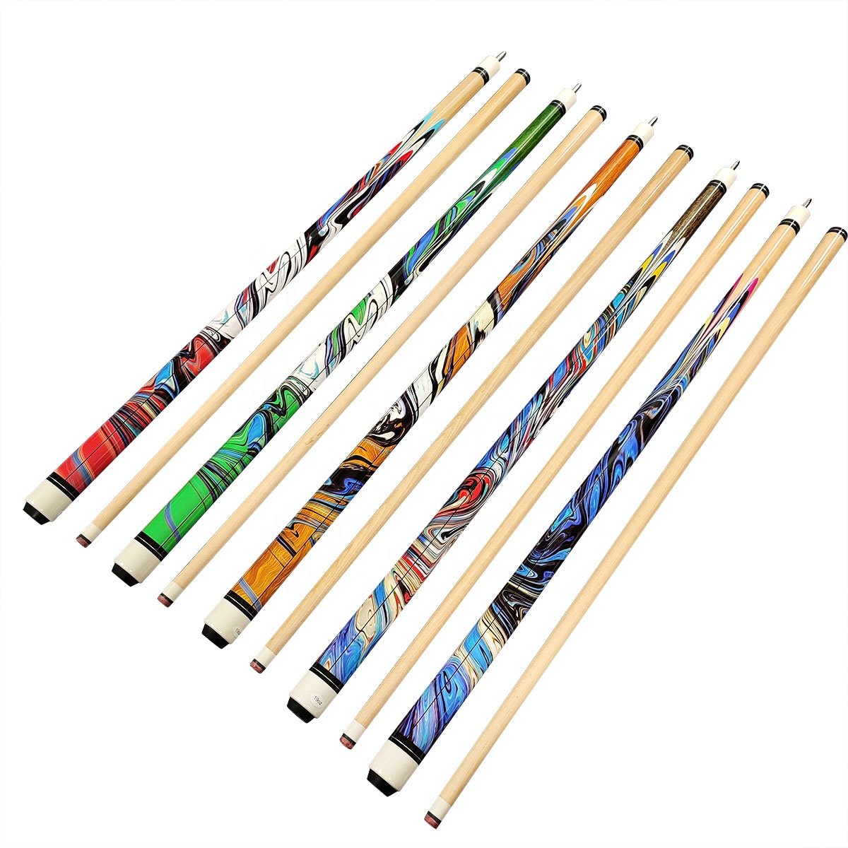 Wholesale Price Maple Wood Billiard Pool 1/2-PC Cue 57" Length 13mm Tip Colorful Design on Sale