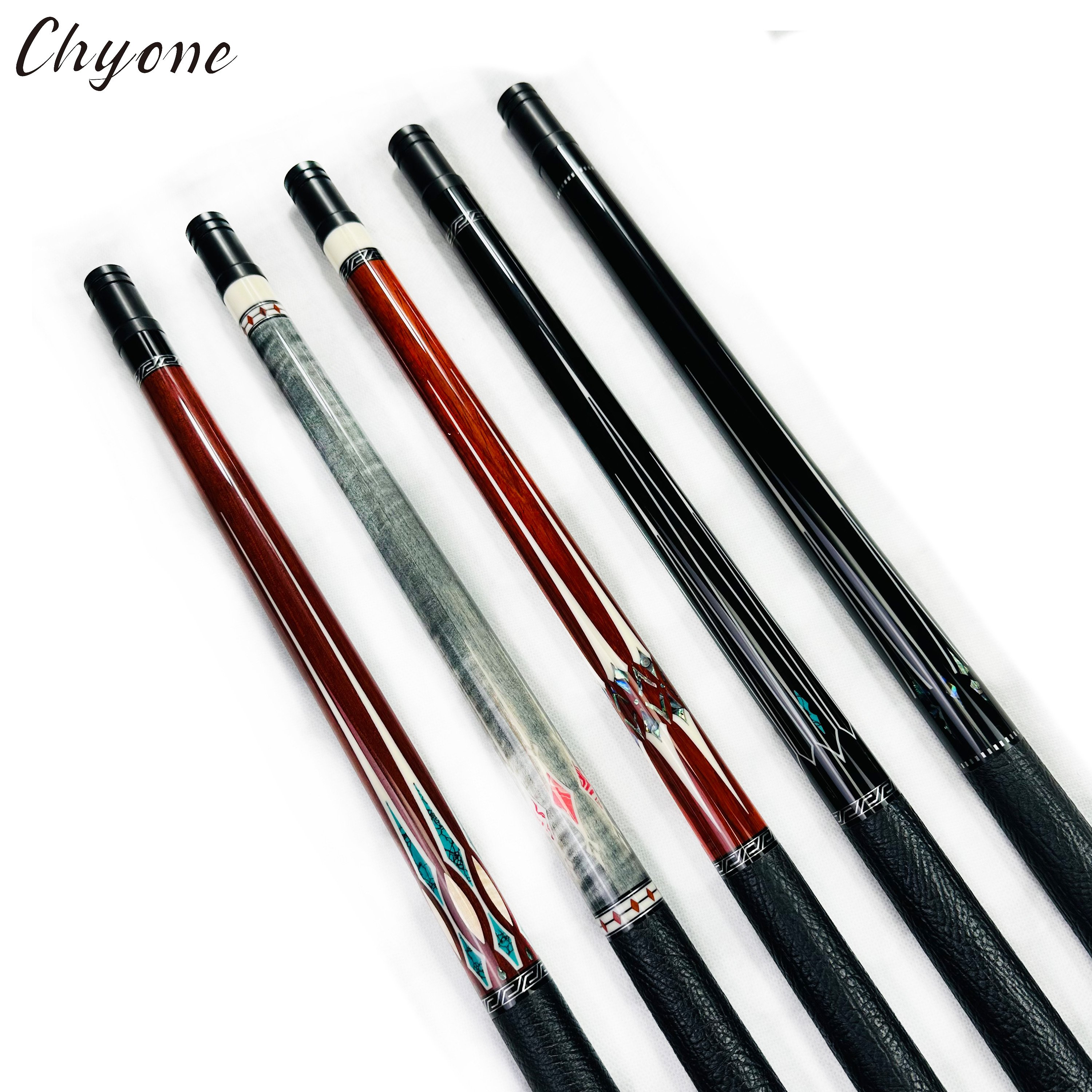 Wholesale Chyone Custom Canadian Hard Maple Shaft 1/2 Joint Lizard Leather Wrap Straight Pool Cues Inlay Billiard Carom Cues