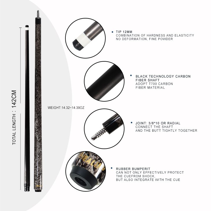 Hot! Stock 12mm Carbon Fiber Carom Cue New Quick-sand Designed Billiard Pool Cue 1410mm Radial with Black H Tip Customizable