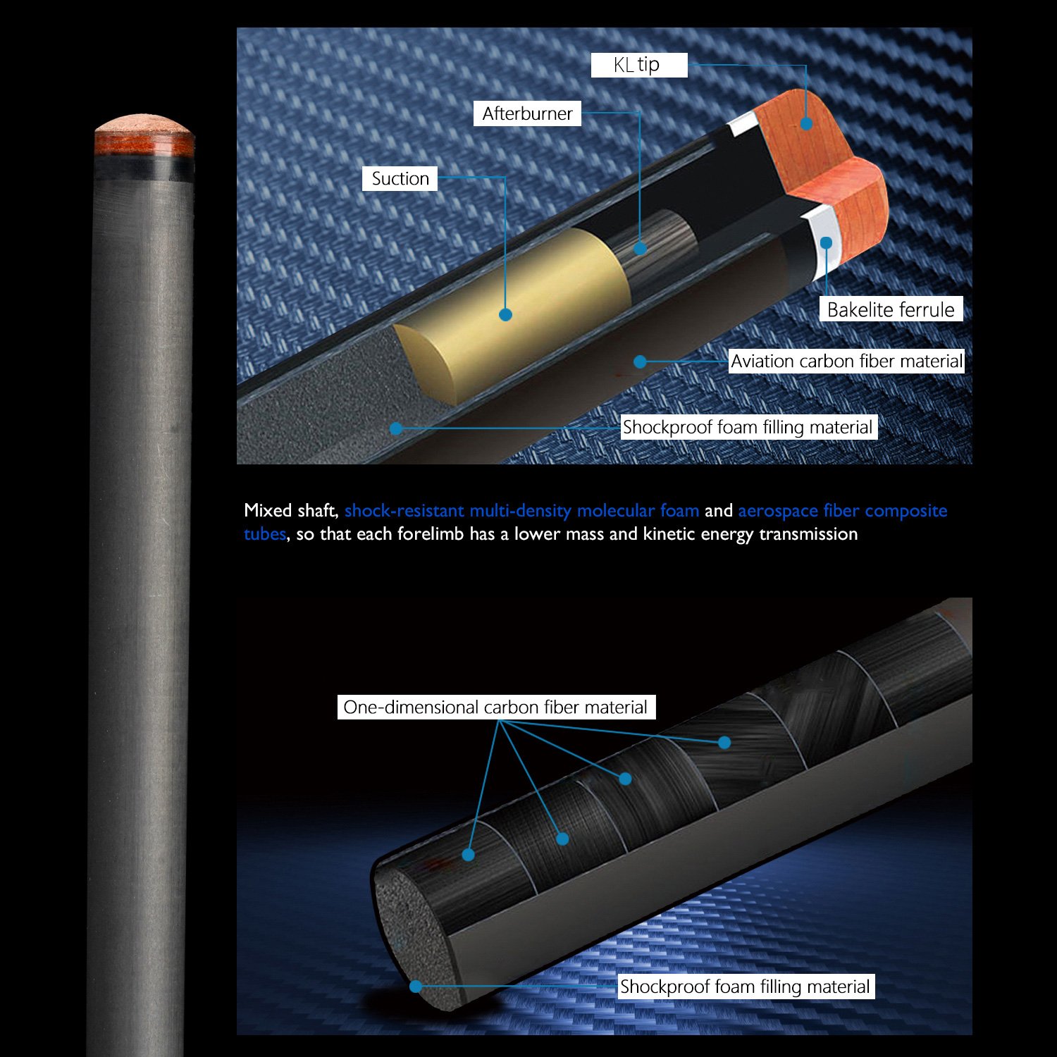 KONLLEN KL-01F Billiards Carbon Fiber Pool Stick Carbon Energy Shaft 3/8*8 Radial Pin Joint Pool Cue
