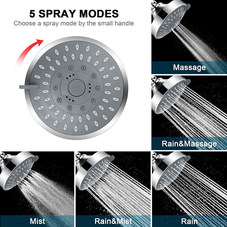 4.1 Inch High Flow Rain Fall Shower Head with 5 Settings Adjustable Brass Ball Joint