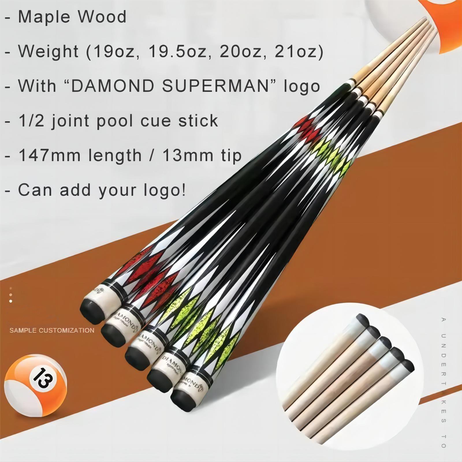 Factory Direct Most Popular Maple 13mm Tip Size 19-21 oz Weight 147mm Length American Pool Cue Stick in Stock