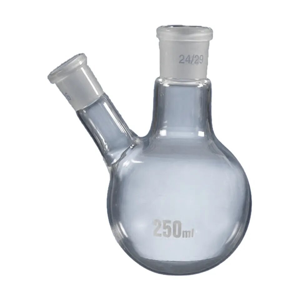 Round Bottom Flask with Two Necks-Centre Neck and 1 Angled Side Neck with Interchangeable Joints and Made of Uniform Thick Glass