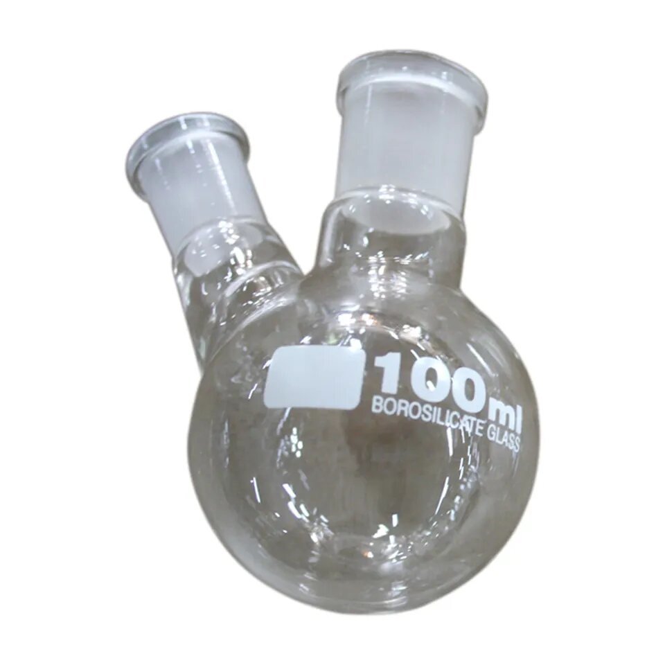 Round Bottom Flask with Two Necks-Centre Neck and 1 Angled Side Neck with Interchangeable Joints and Made of Uniform Thick Glass