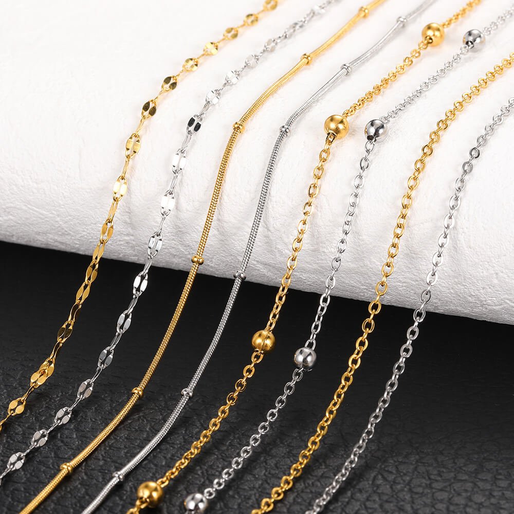 18K PVD Gold & Silver Stainless Steel Beaded Satellite, Box & Rolo Chains | Hypoallergenic, Waterproof Jewelry Making Supplies