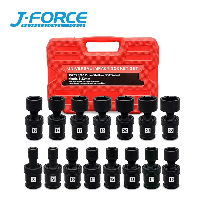 15pcs Metric Universal Joint 3/8 Inch Drive Shallow Universal IChrome Molybdenum Automotive Drive Impact Socket Set Wrench Set