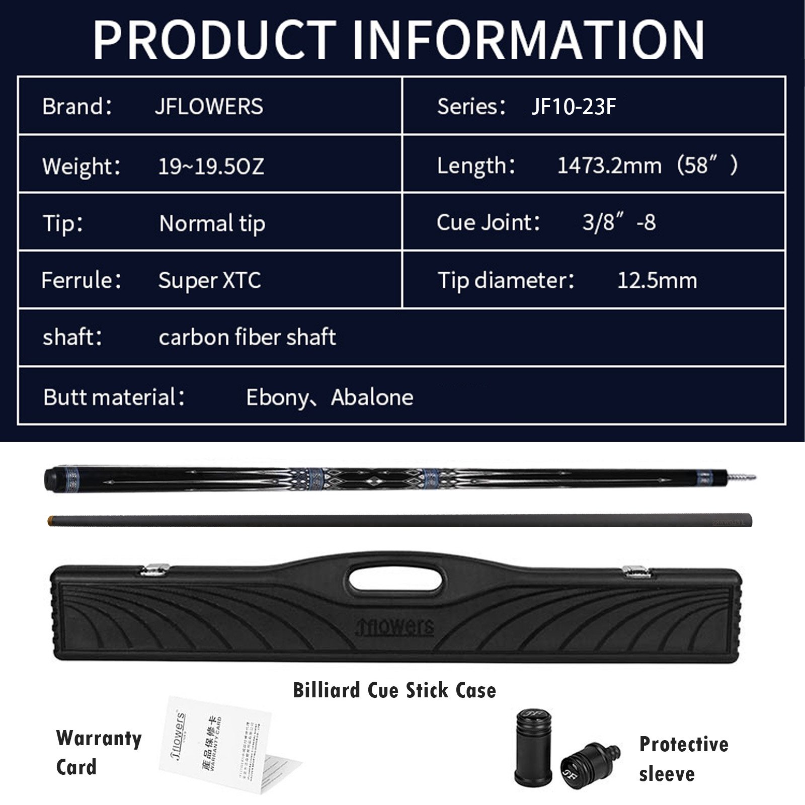 JFLOWERS JF10-23F Billiard Pool Cue Stick Carbon Fiber Shaft Tip 12.5mm 147cm Cue Stick Radial 3/8*8 Joint Kit