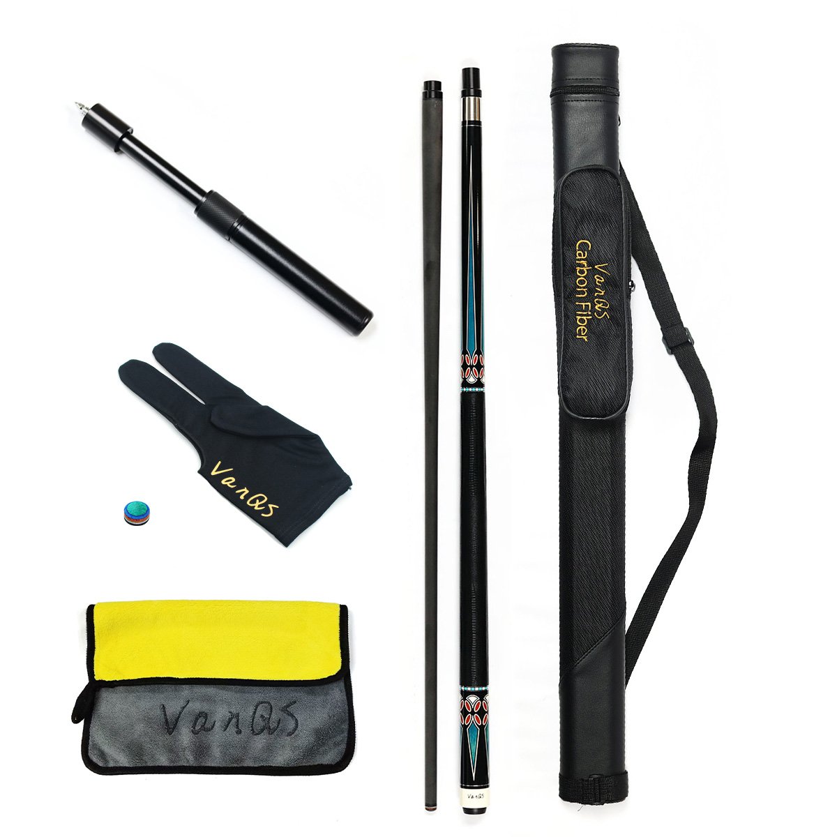 Premium Quality Billiard Carbon Fiber Pool Cue 12.5mm Tip with Free Extension+ Bag+glove+towel for Sale