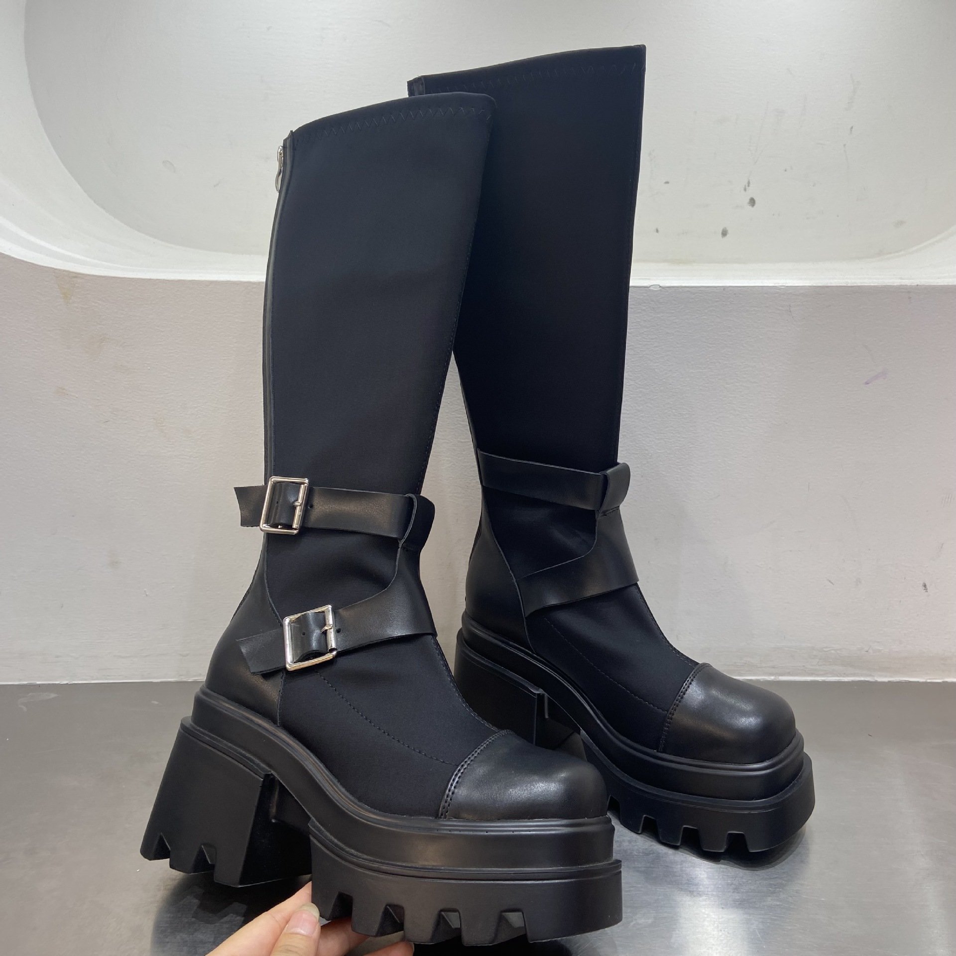 Women Classic Western Midi-Calf Double Buckle Combat Boot Women High Platform ZIp-up Plus Size Winter Boots Women Footwear Shoes