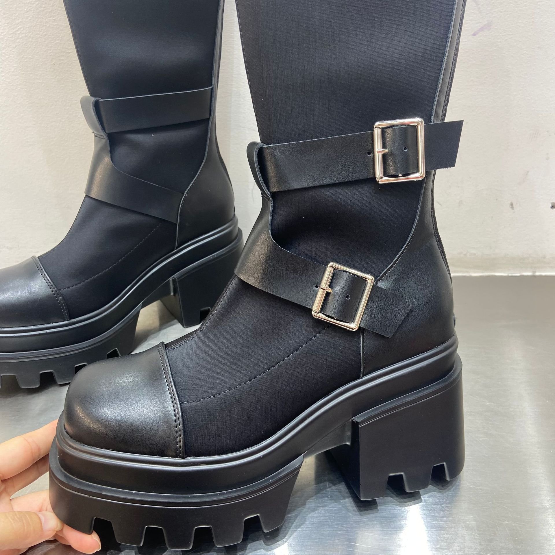 Women Classic Western Midi-Calf Double Buckle Combat Boot Women High Platform ZIp-up Plus Size Winter Boots Women Footwear Shoes