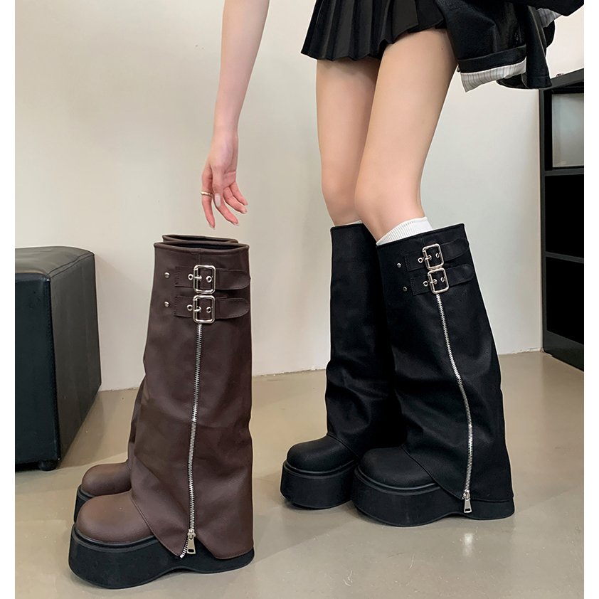 2024 New Thick Bottom Heightened Boots Small Man Platform Bottom Trouser Boots Round Head but Knee High Boots
