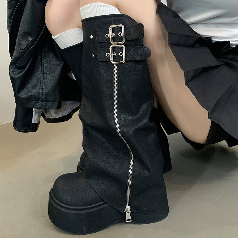 2024 New Thick Bottom Heightened Boots Small Man Platform Bottom Trouser Boots Round Head but Knee High Boots