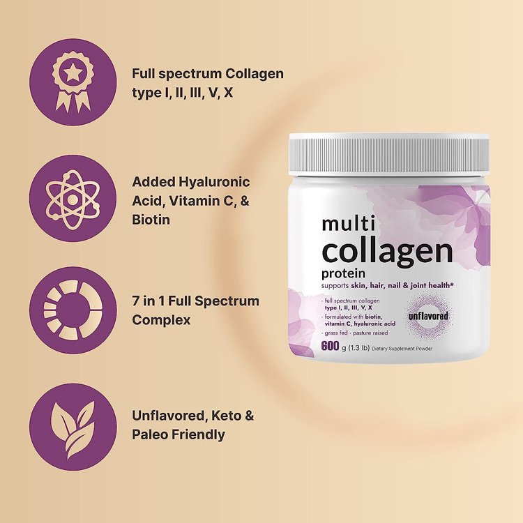 Keto Paleo Unflavored 5 Type I II III V X Multi Collagen Protein Powder with Biotin Vitamin C Hyaluronic Acid