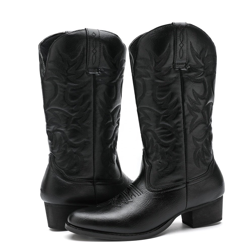 Mid Calf Boots Embroidery Vintage Boots Adult Woman Men PU Leather Cowboy Boots Men