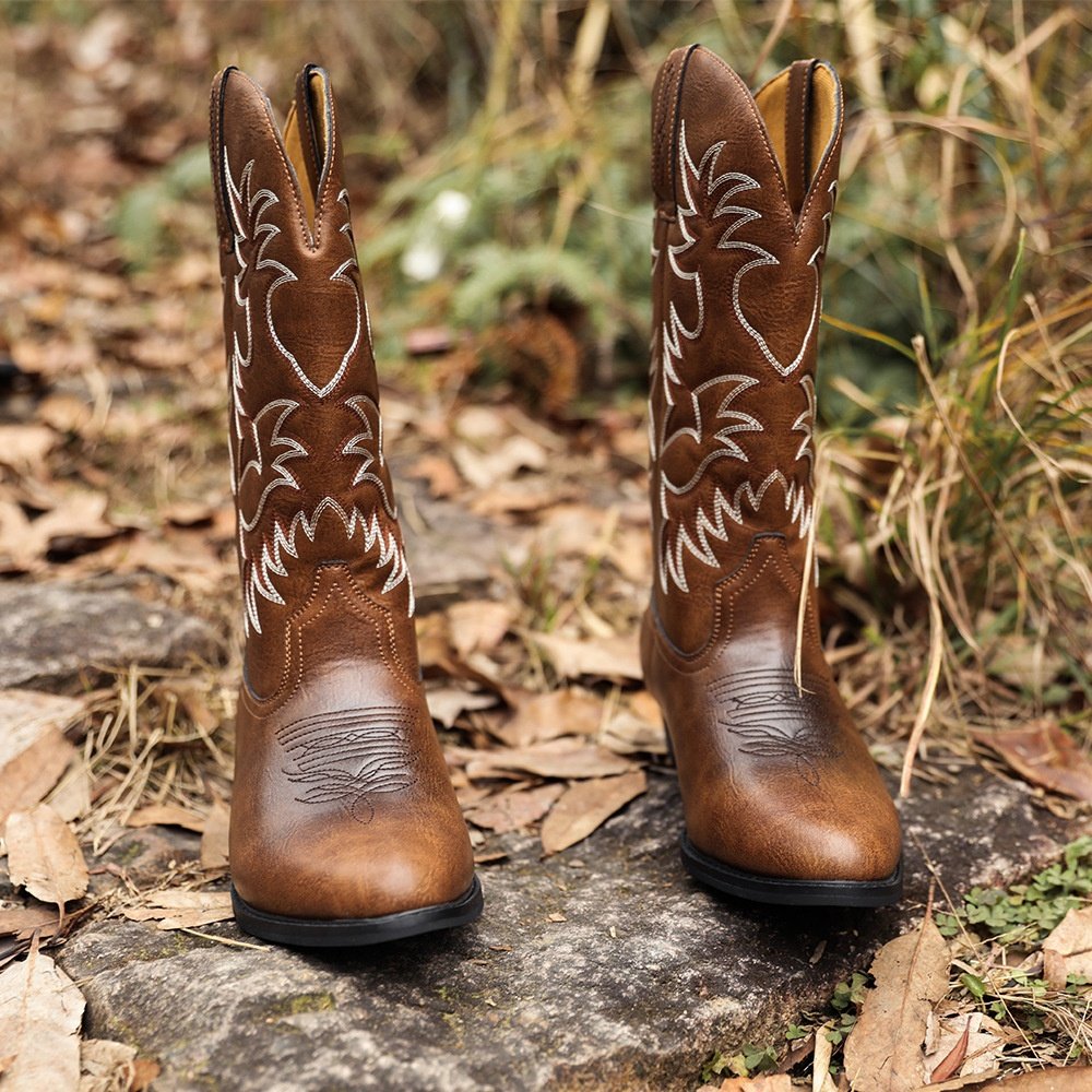 Mid Calf Boots Embroidery Vintage Boots Adult Woman Men PU Leather Cowboy Boots Men