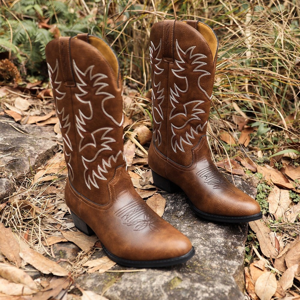 Mid Calf Boots Embroidery Vintage Boots Adult Woman Men PU Leather Cowboy Boots Men