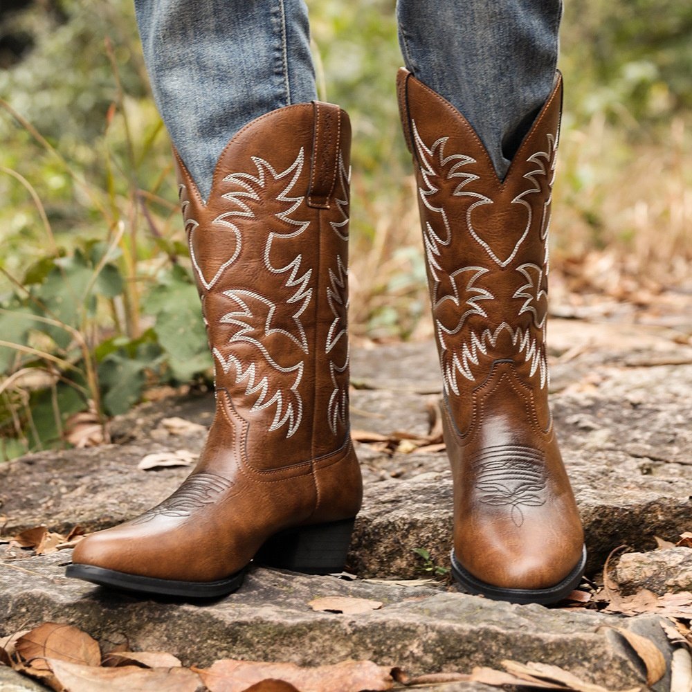 Mid Calf Boots Embroidery Vintage Boots Adult Woman Men PU Leather Cowboy Boots Men