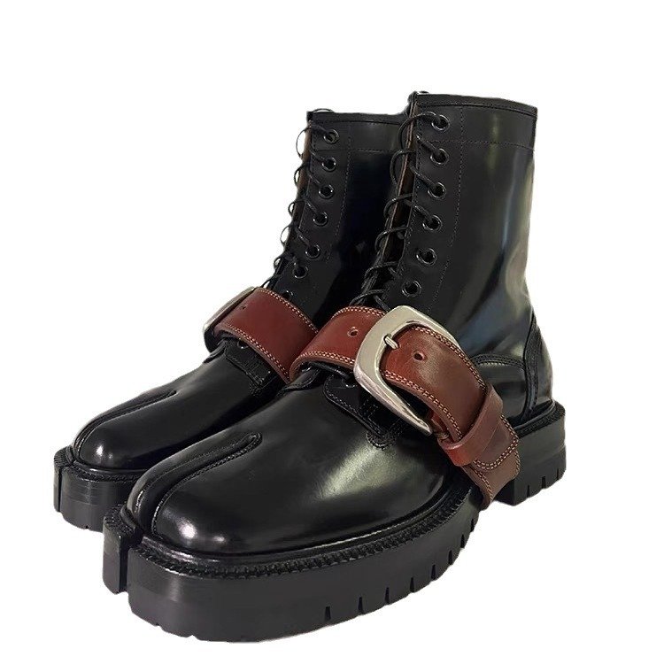 Wholesale Fashion Thick Sole Female Ankle Boots Black Leather Buckle Strap Split Toe Lace-up Women Tabi Combat Boots