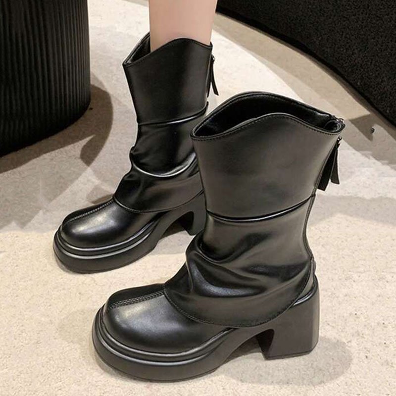 IDOIT Fashionable Temperament Versatile Motorcycle Boots Heap Boots Thick Sole Back Zipper Women's Ankle Footwear Boots Female