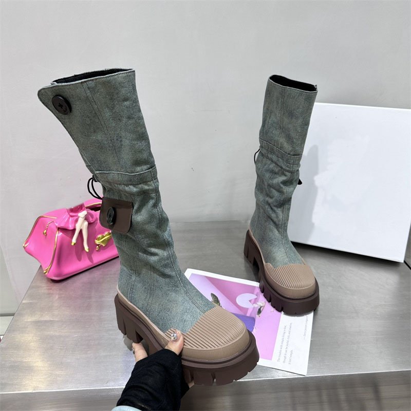 IDOIT New Autumn Style Denim Medium Chunky Heel Knight Boots Round Toe Women's High Tube Thinner-looked High Heel Long Boots