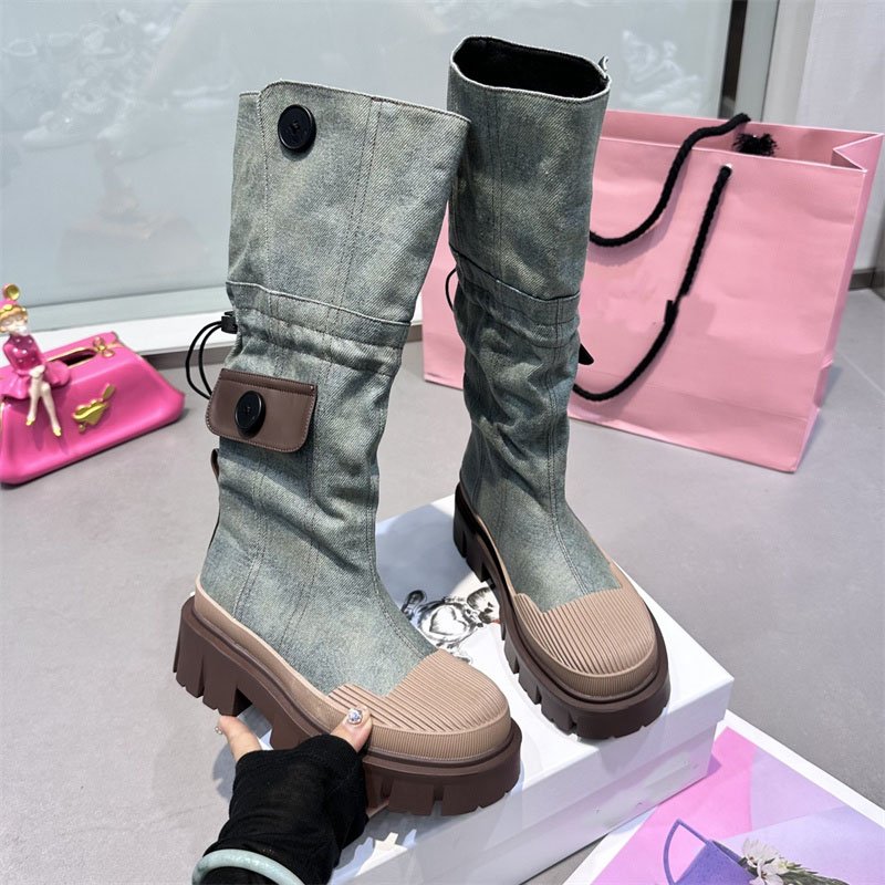 IDOIT New Autumn Style Denim Medium Chunky Heel Knight Boots Round Toe Women's High Tube Thinner-looked High Heel Long Boots