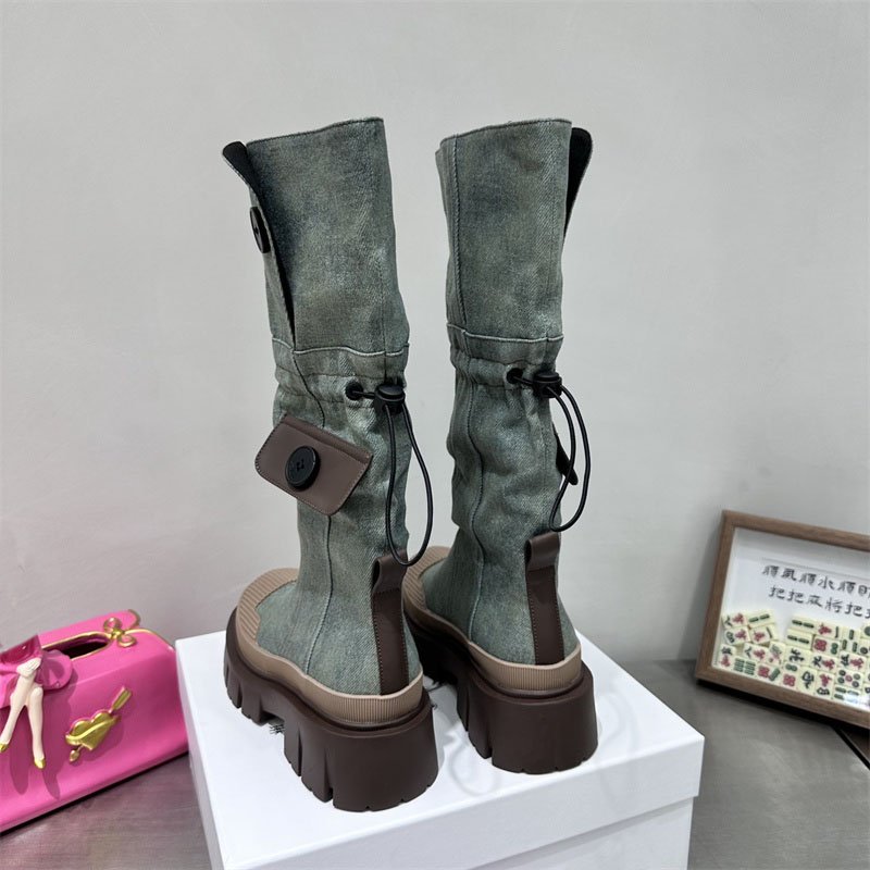 IDOIT New Autumn Style Denim Medium Chunky Heel Knight Boots Round Toe Women's High Tube Thinner-looked High Heel Long Boots