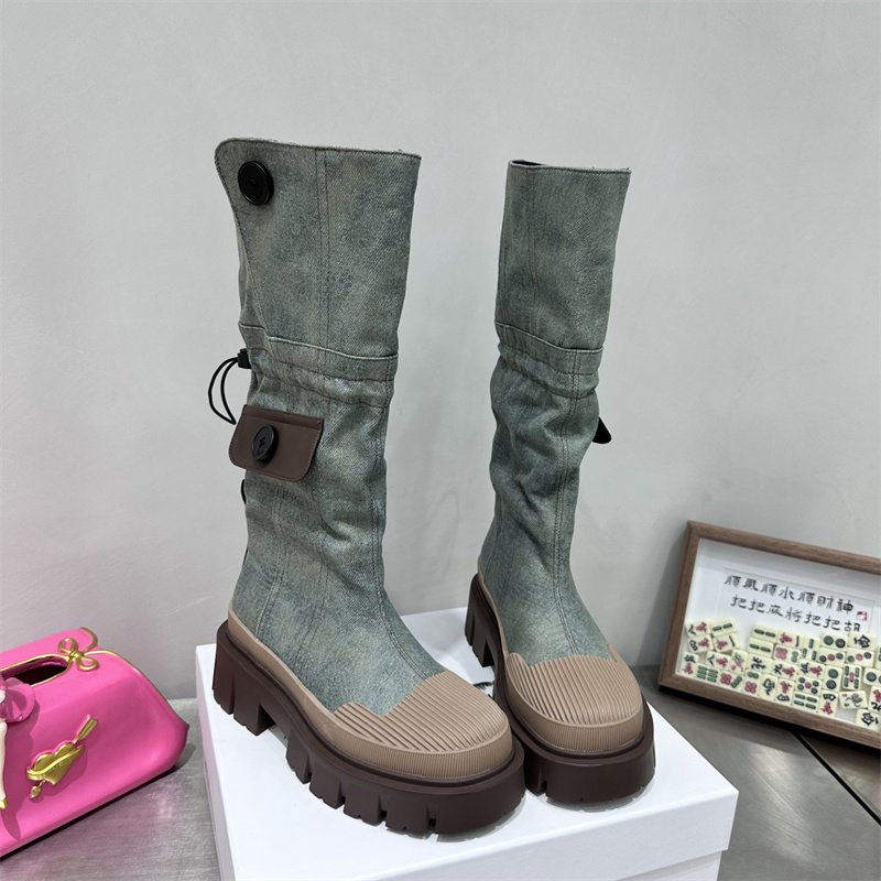 IDOIT New Autumn Style Denim Medium Chunky Heel Knight Boots Round Toe Women's High Tube Thinner-looked High Heel Long Boots