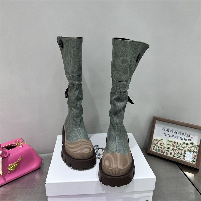 IDOIT New Autumn Style Denim Medium Chunky Heel Knight Boots Round Toe Women's High Tube Thinner-looked High Heel Long Boots