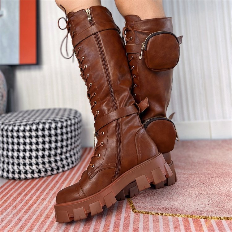 Small Package Decoration Lace up Belly Button Ladies Winter Long Boots Women Shoes