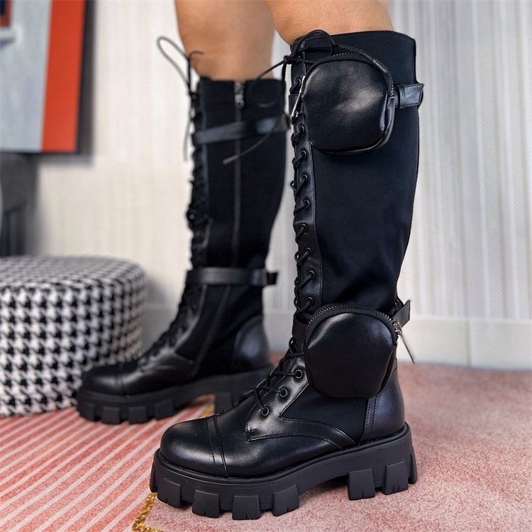 Small Package Decoration Lace up Belly Button Ladies Winter Long Boots Women Shoes
