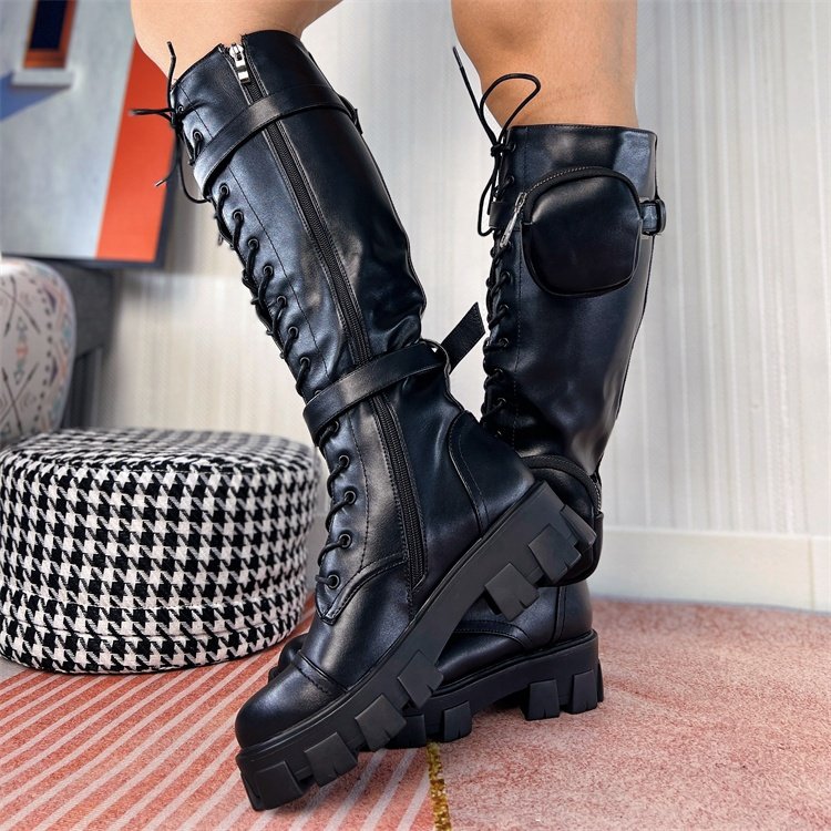 Small Package Decoration Lace up Belly Button Ladies Winter Long Boots Women Shoes