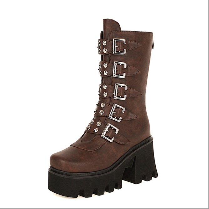 Large Size 43 High Tube Motorcycle Boots 2021 Autumn and Winter High Heel Boots Back Belt Buckle Women's Boots