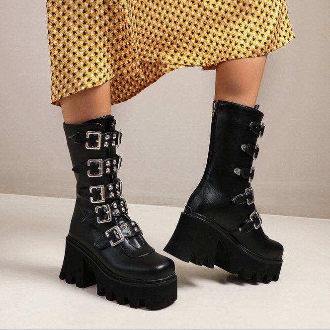 Large Size 43 High Tube Motorcycle Boots 2021 Autumn and Winter High Heel Boots Back Belt Buckle Women's Boots