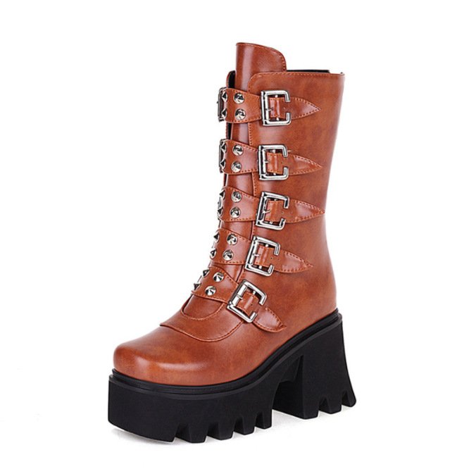 Large Size 43 High Tube Motorcycle Boots 2021 Autumn and Winter High Heel Boots Back Belt Buckle Women's Boots