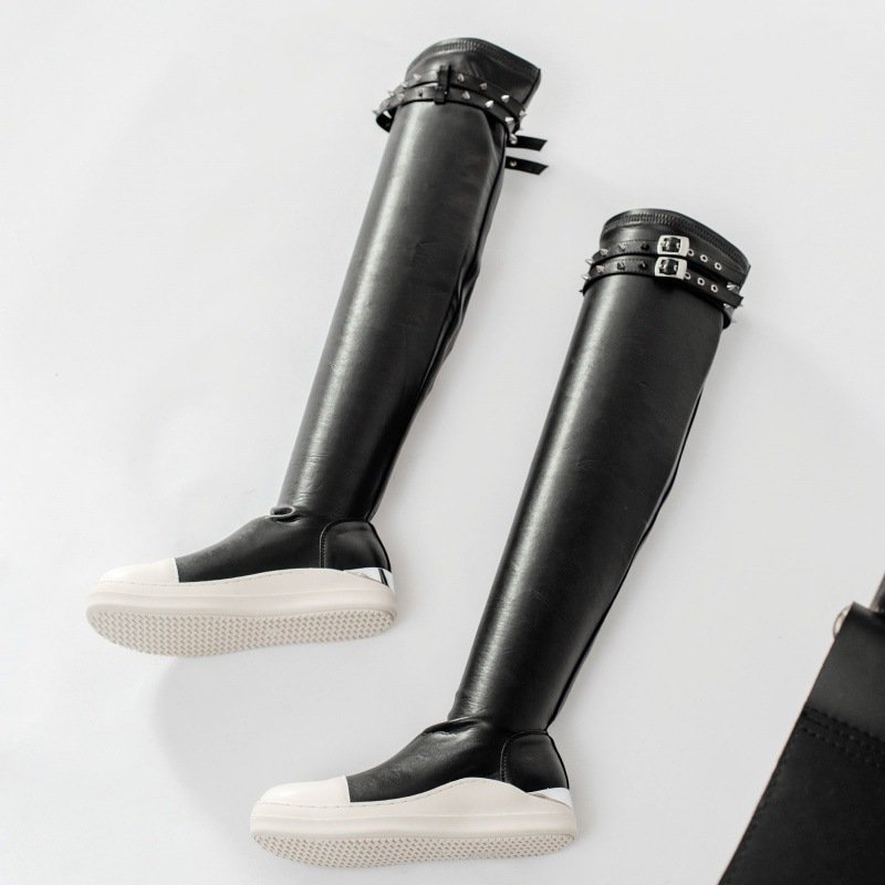 2024 New Thick Soled Trendy Elastic Boots for Women Metal Punk Dark Style Women's Shoes Riveted Solid Color Boots
