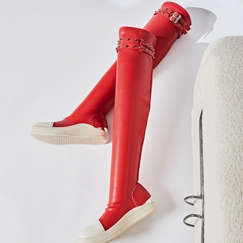 2024 New Thick Soled Trendy Elastic Boots for Women Metal Punk Dark Style Women's Shoes Riveted Solid Color Boots