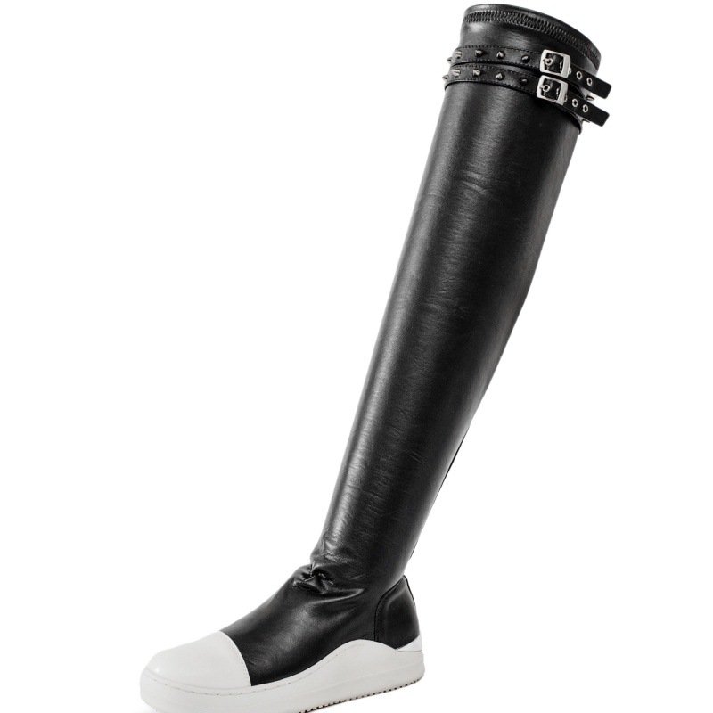2024 New Thick Soled Trendy Elastic Boots for Women Metal Punk Dark Style Women's Shoes Riveted Solid Color Boots