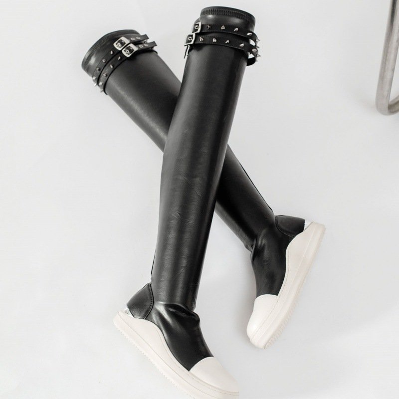 2024 New Thick Soled Trendy Elastic Boots for Women Metal Punk Dark Style Women's Shoes Riveted Solid Color Boots