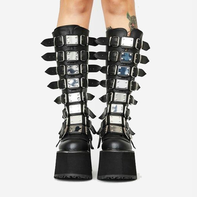 New Punk High Tube Knight Boots Women's Thin Thick Soled Winter Plush Black Back Zipper Boots