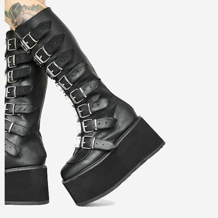 New Punk High Tube Knight Boots Women's Thin Thick Soled Winter Plush Black Back Zipper Boots