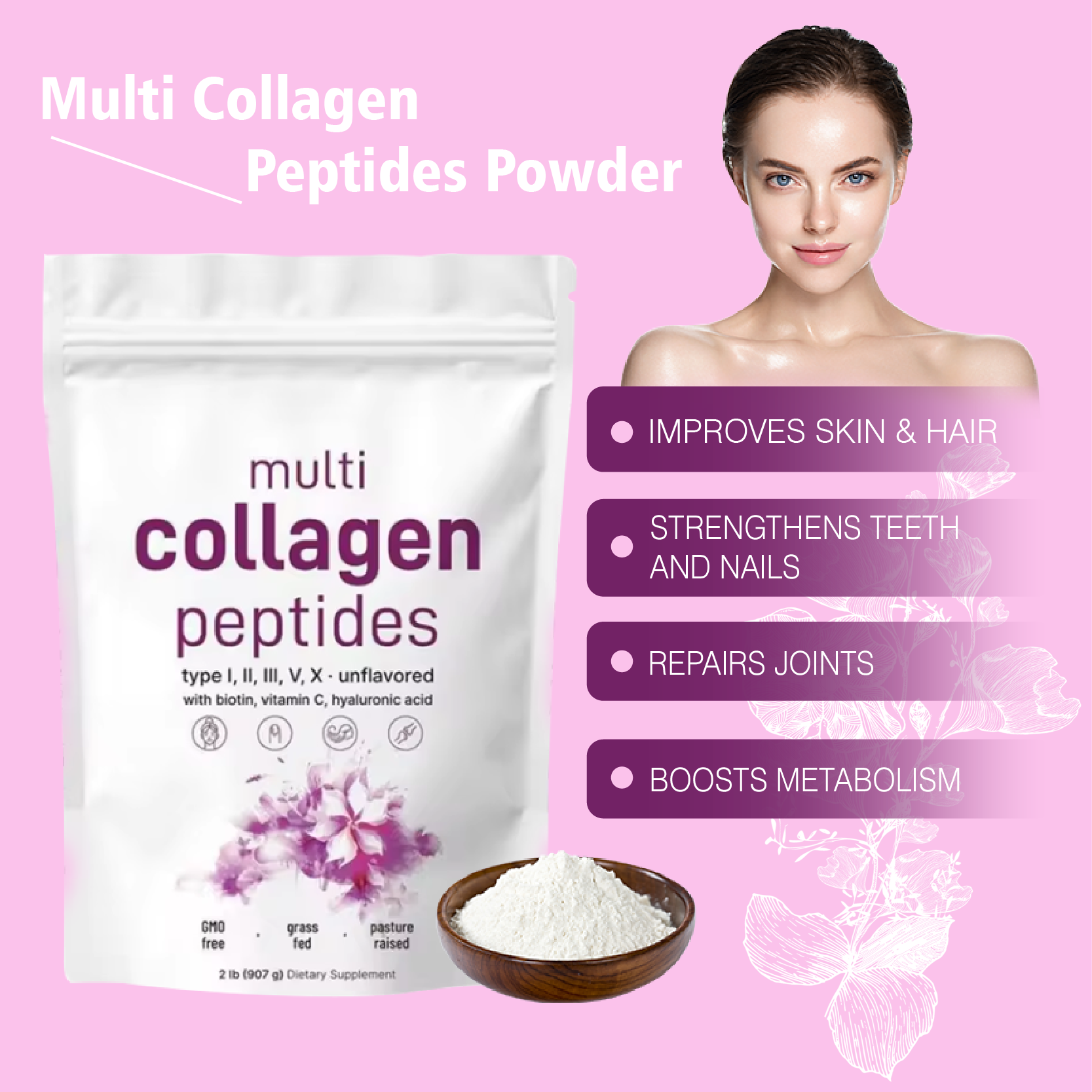 Keto Paleo Friendly Easy Dissolve Non-GMO Type I II III V X Multi Collagen Protein Powder with Biotin Hyaluronic Acid Vitamin C