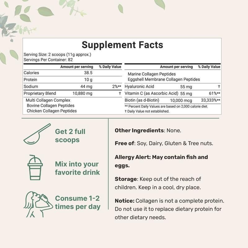 Keto Paleo Friendly Easy Dissolve Non-GMO Type I II III V X Multi Collagen Protein Powder with Biotin Hyaluronic Acid Vitamin C