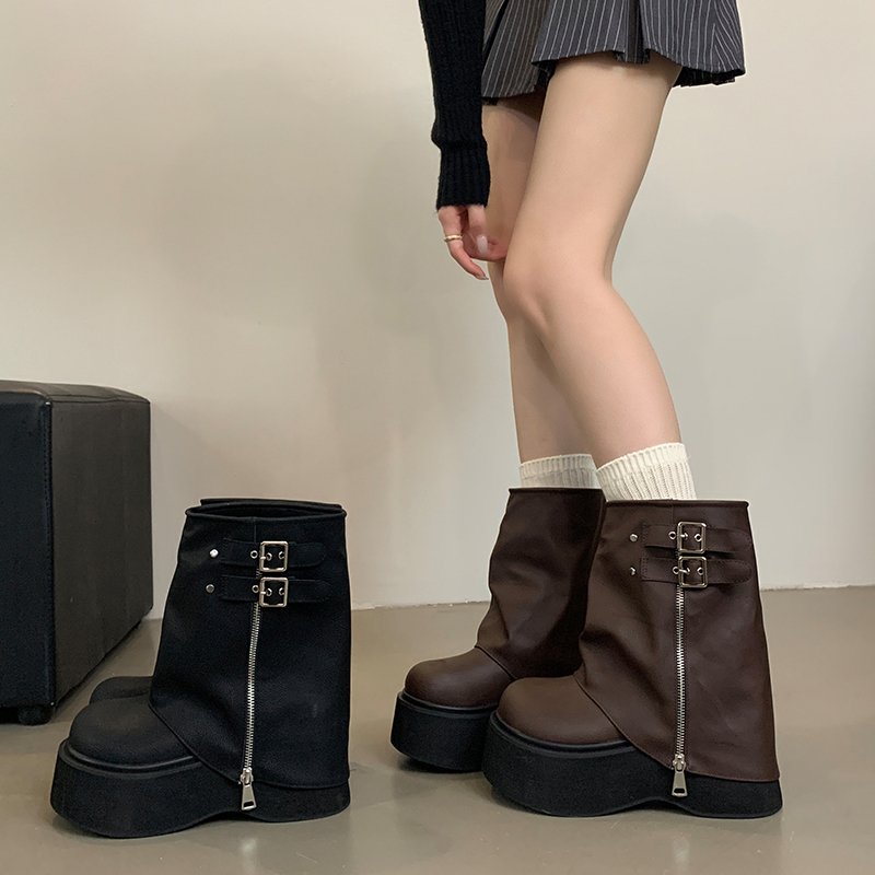 2024 Platform Bottom Martin Boots British Style Short Motorcycle Boots Small Height Increasing Thick Bottom Round Toe Boots
