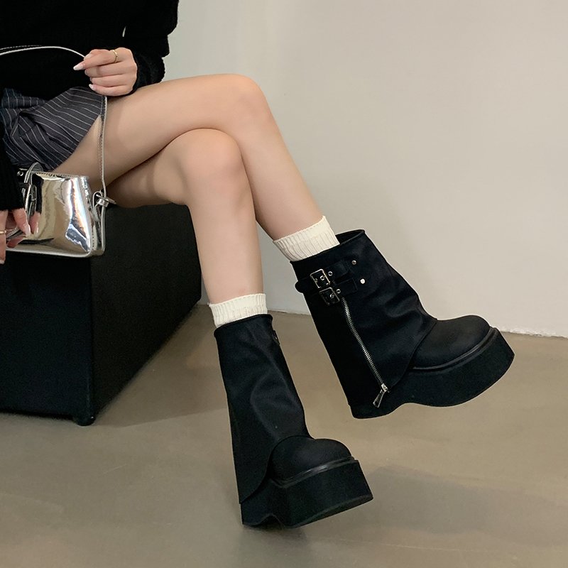 2024 Platform Bottom Martin Boots British Style Short Motorcycle Boots Small Height Increasing Thick Bottom Round Toe Boots