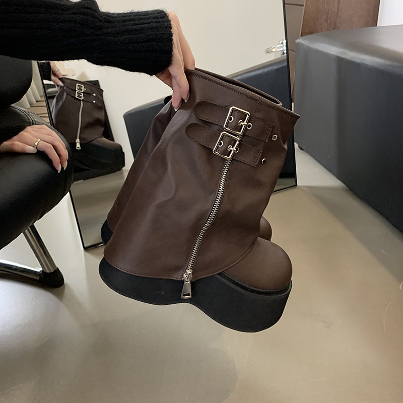 2024 Platform Bottom Martin Boots British Style Short Motorcycle Boots Small Height Increasing Thick Bottom Round Toe Boots