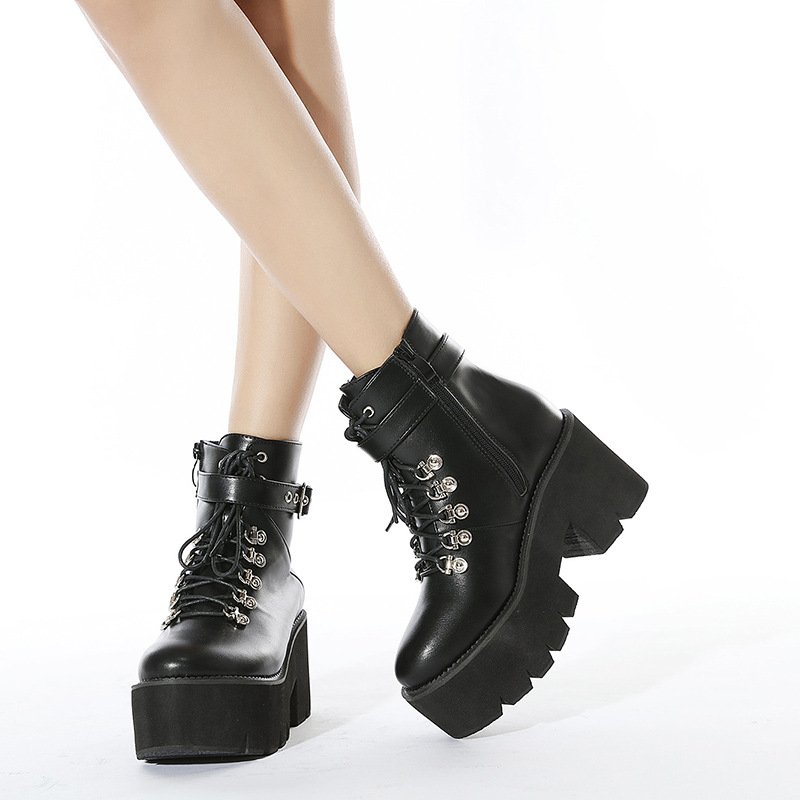 European and American Thick Soled Sloping Boots with Metal Buckle Round Toe Women's Boots Belt Large Motorcycle Women's Boots